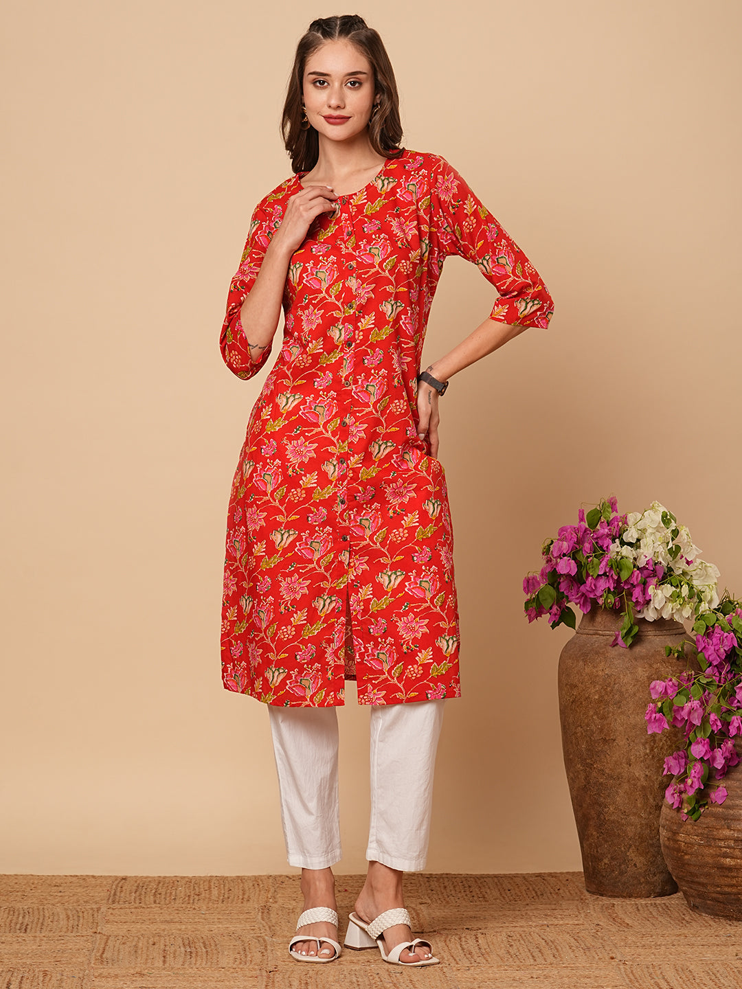 Floral Printed Straight Fit Cotton Kurta - Red