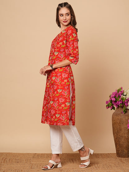 Floral Printed Straight Fit Cotton Kurta - Red