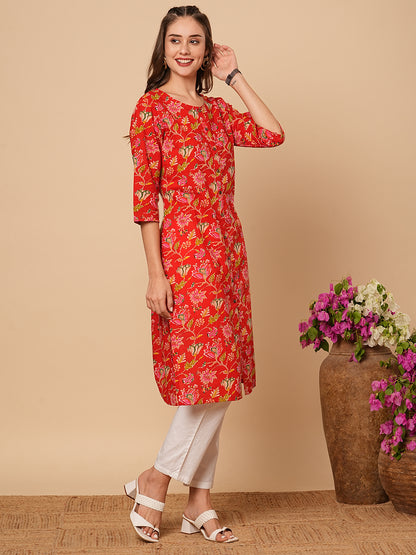 Floral Printed Straight Fit Cotton Kurta - Red