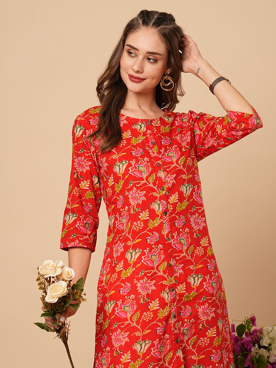 Floral Printed Straight Fit Cotton Kurta - Red