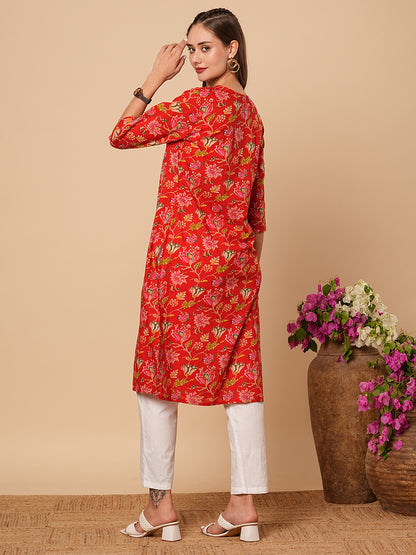 Floral Printed Straight Fit Cotton Kurta - Red