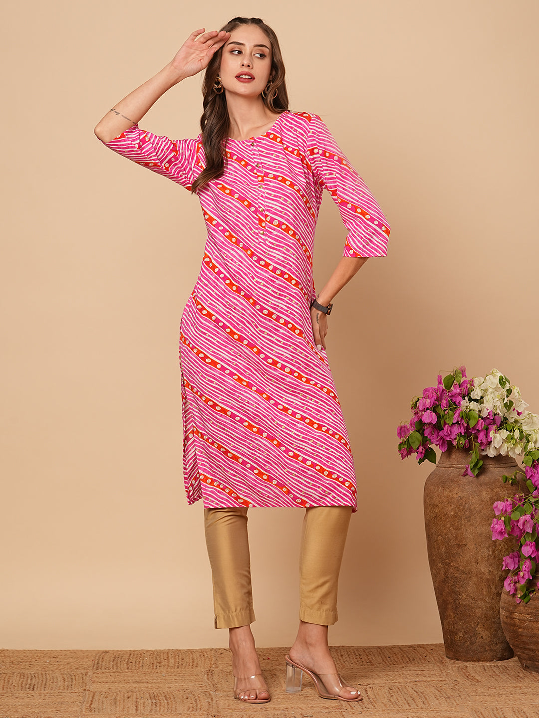 Ethnic Leheriya Foil Printed Straight Fit Kurta - Pink