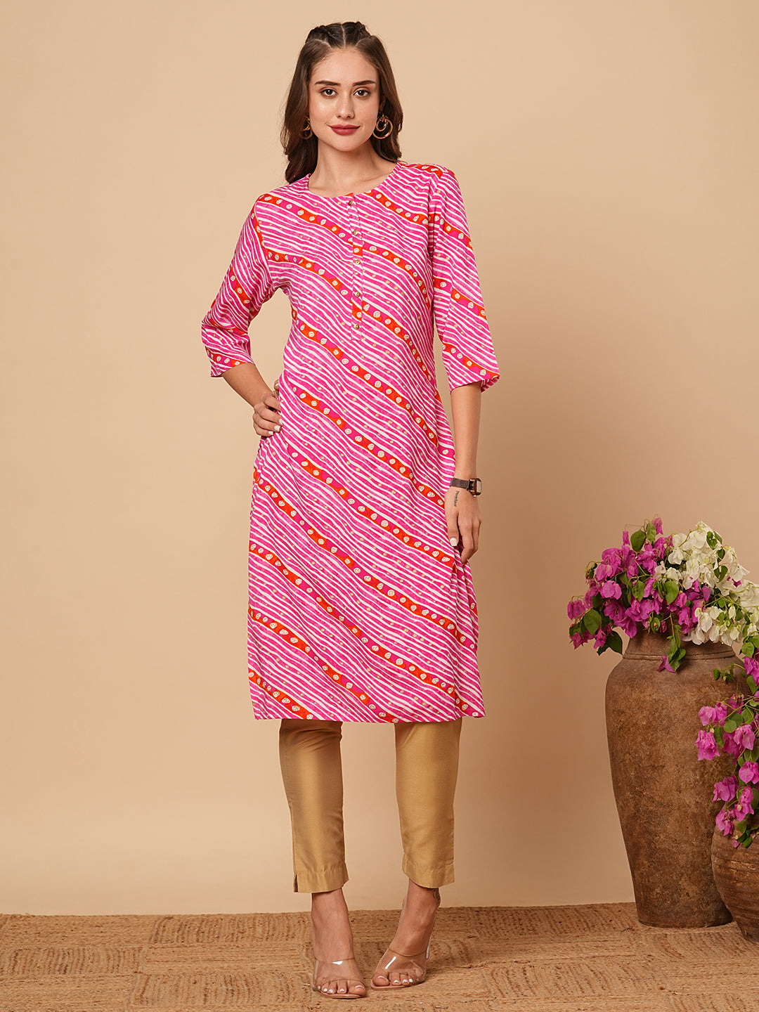 Ethnic Leheriya Foil Printed Straight Fit Kurta - Pink