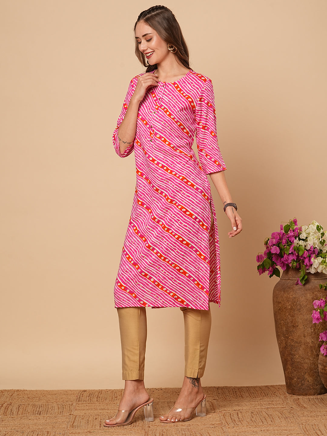 Ethnic Leheriya Foil Printed Straight Fit Kurta - Pink