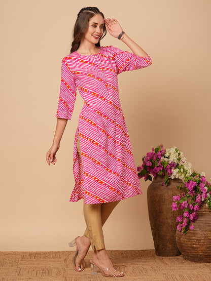 Ethnic Leheriya Foil Printed Straight Fit Kurta - Pink