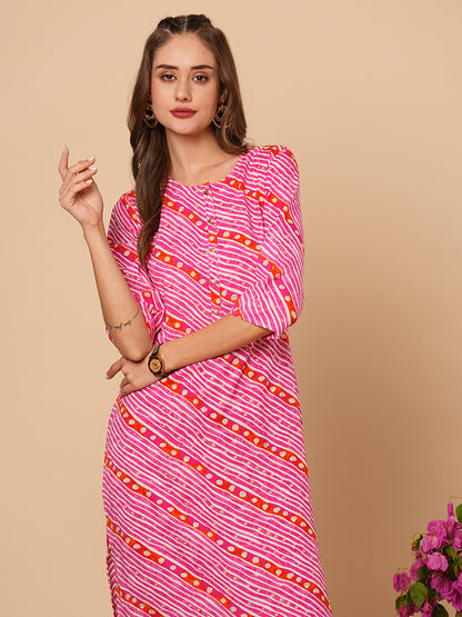 Ethnic Leheriya Foil Printed Straight Fit Kurta - Pink