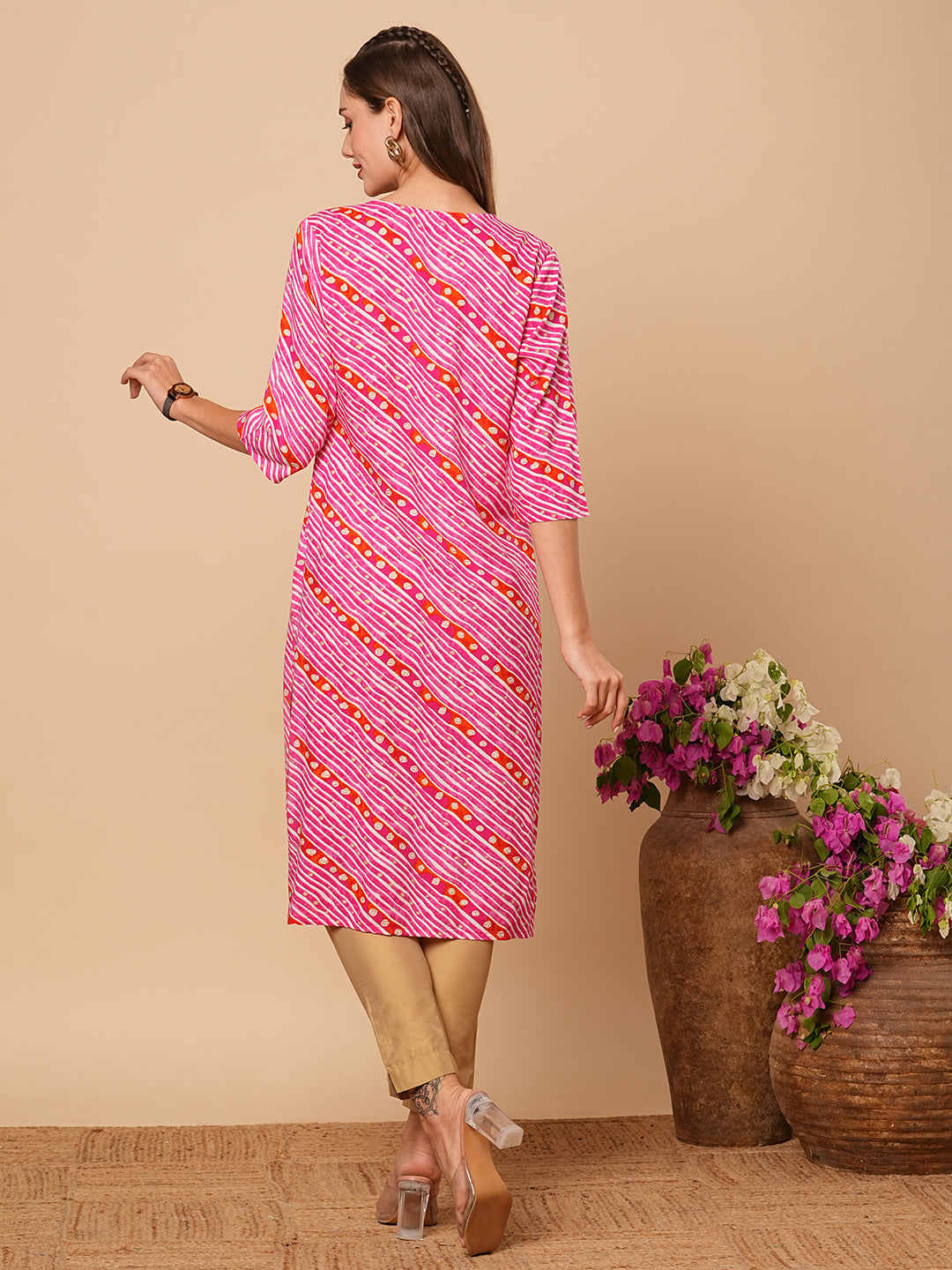 Ethnic Leheriya Foil Printed Straight Fit Kurta - Pink