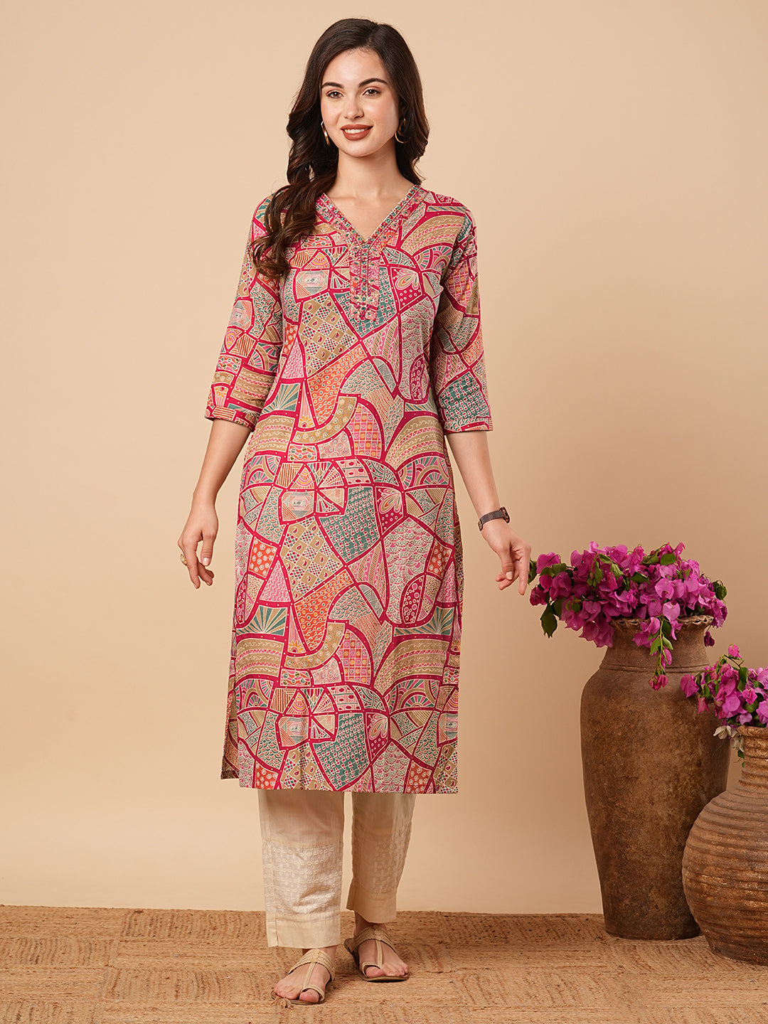 Abstract & Paisley Printed Mirror & Resham Embroidered & Kurta - Multi