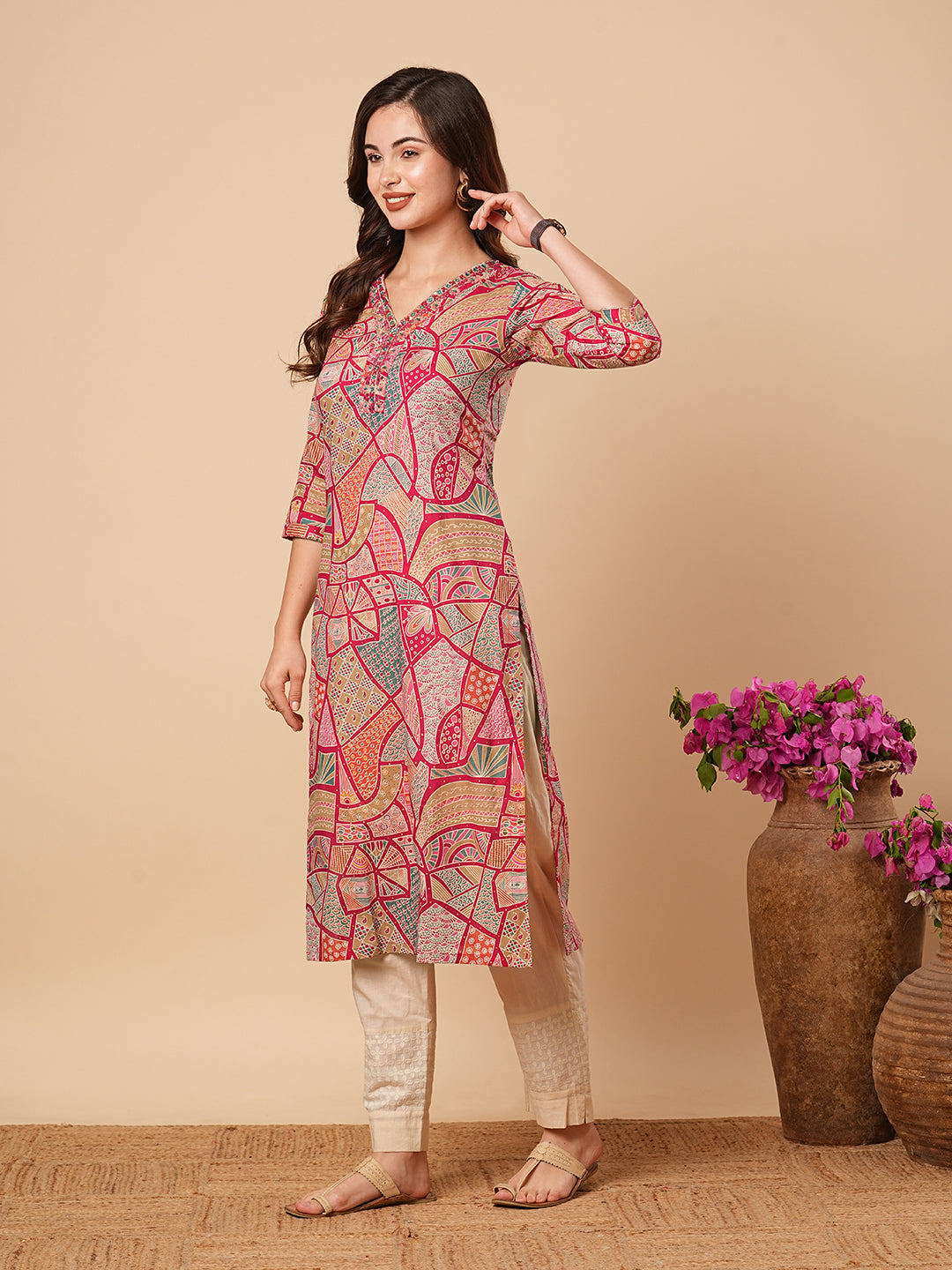 Abstract & Paisley Printed Mirror & Resham Embroidered & Kurta - Multi