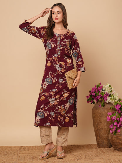 Floral Printed Cutdana & Resham Embroidered Kurta - Pink