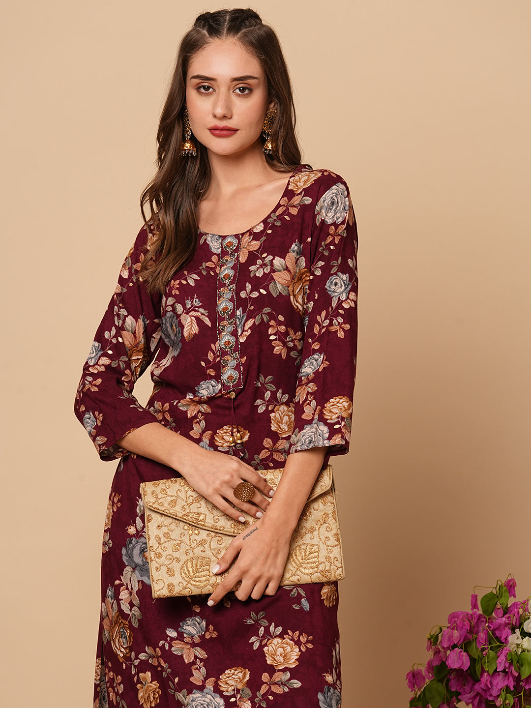 Floral Printed Cutdana & Resham Embroidered Kurta - Pink