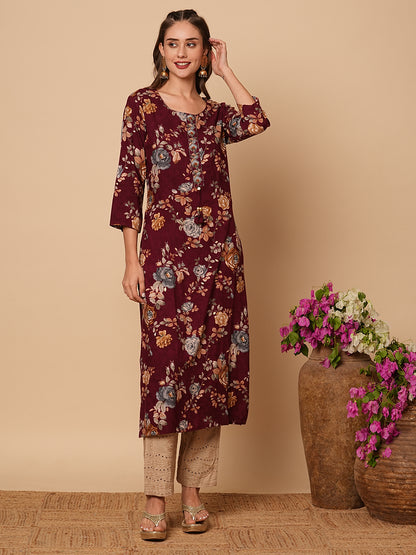 Floral Printed Cutdana & Resham Embroidered Kurta - Pink