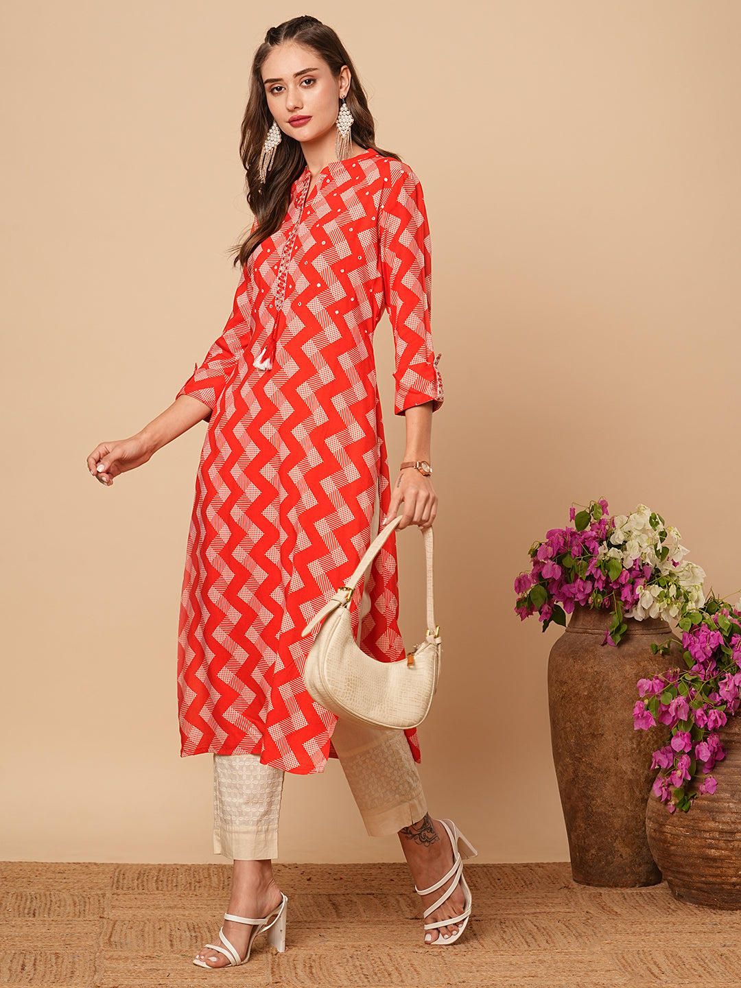 Ethnic Chevron Printed & Mirror Embroidered Straight Fit Kurta - Red