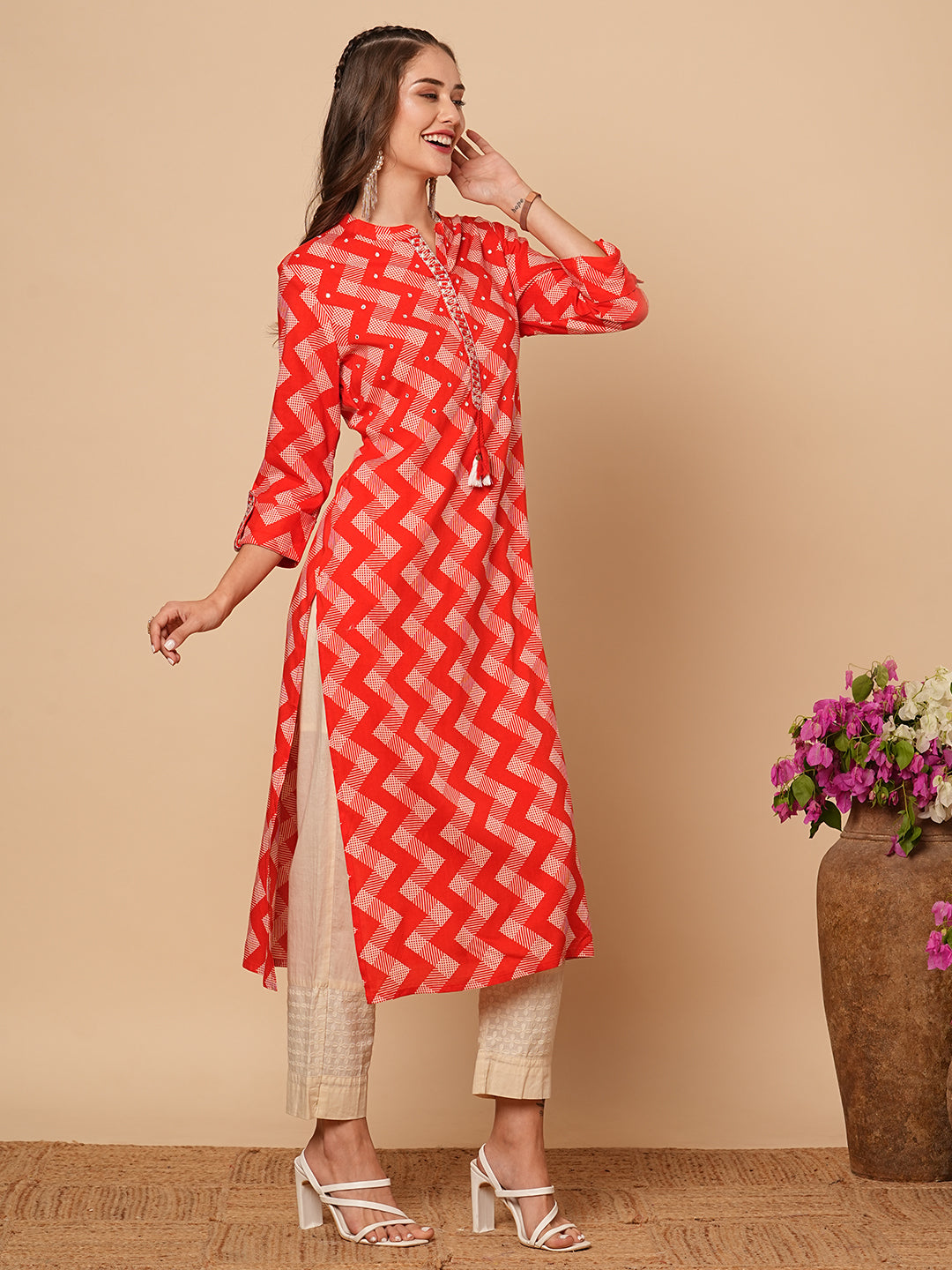 Ethnic Chevron Printed & Mirror Embroidered Straight Fit Kurta - Red