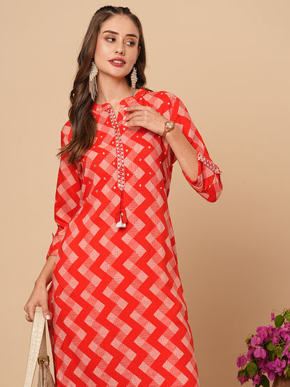 Ethnic Chevron Printed & Mirror Embroidered Straight Fit Kurta - Red