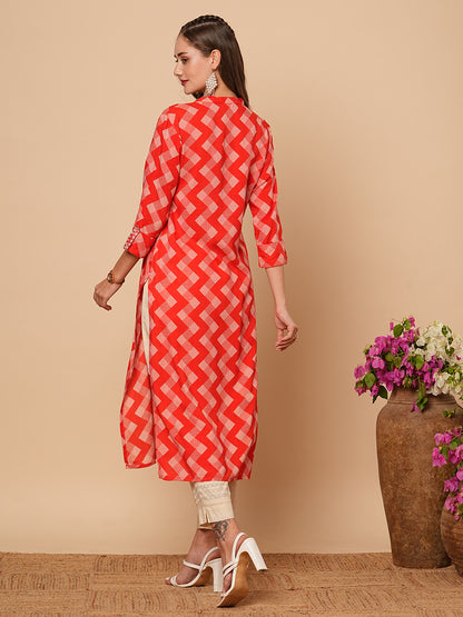 Ethnic Chevron Printed & Mirror Embroidered Straight Fit Kurta - Red