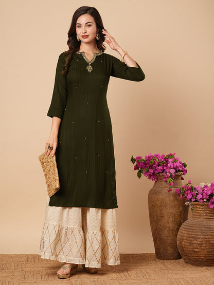 Ethnic Stripes Woven & Hand Embroidered Straight Fit Kurta - Olive Green