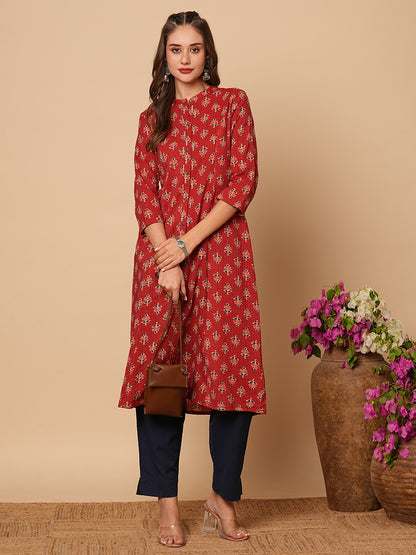 Ethnic Floral Printed & Kantha Embroidered A-Line Paneled Kurta - Rust