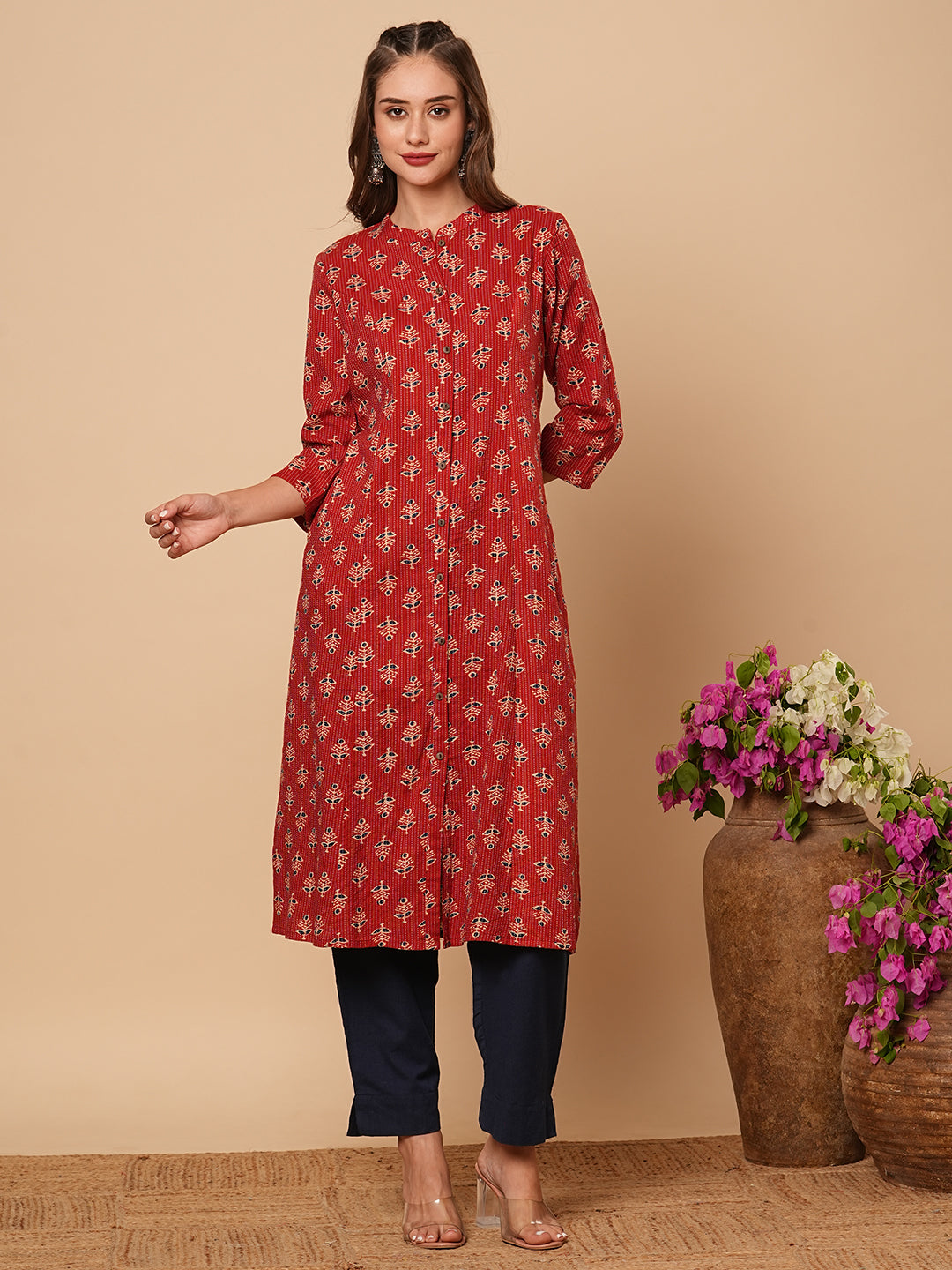 Ethnic Floral Printed & Kantha Embroidered A-Line Paneled Kurta - Rust