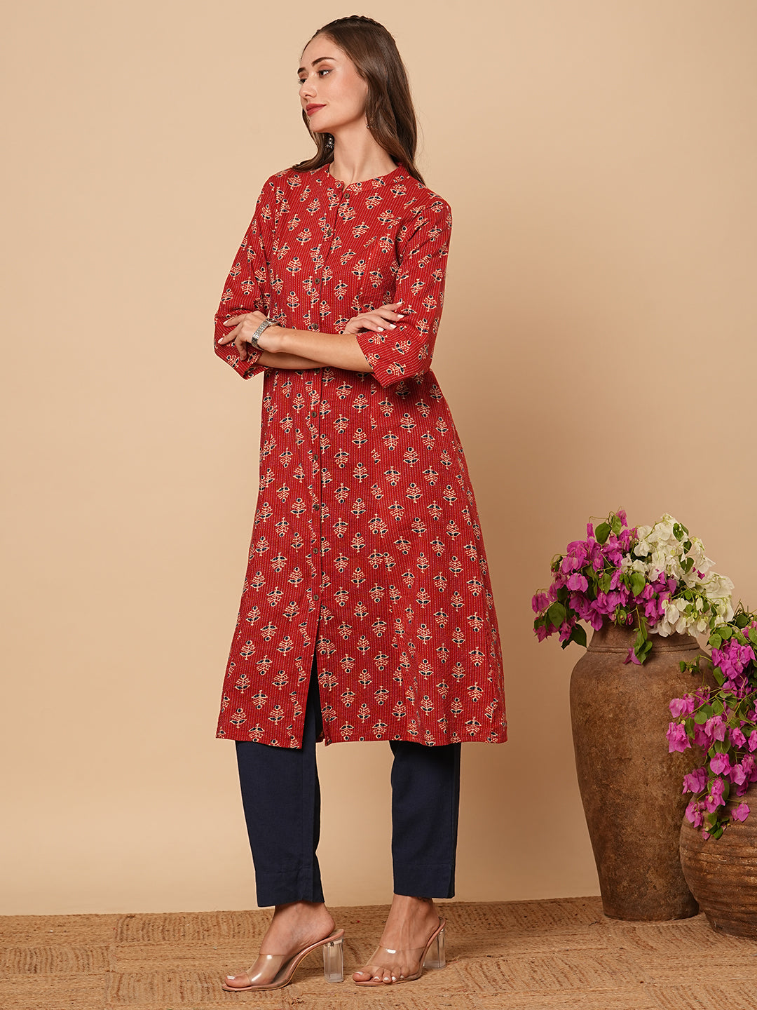 Ethnic Floral Printed & Kantha Embroidered A-Line Paneled Kurta - Rust