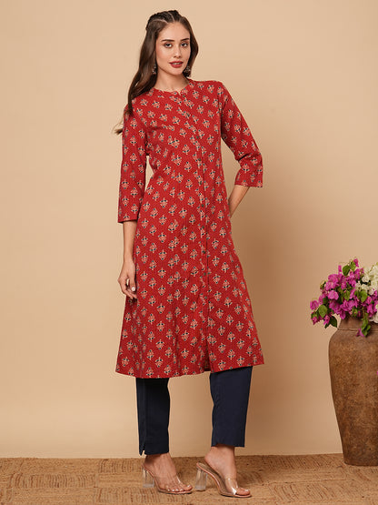 Ethnic Floral Printed & Kantha Embroidered A-Line Paneled Kurta - Rust