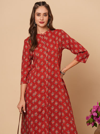 Ethnic Floral Printed & Kantha Embroidered A-Line Paneled Kurta - Rust