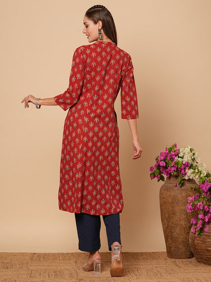 Ethnic Floral Printed & Kantha Embroidered A-Line Paneled Kurta - Rust