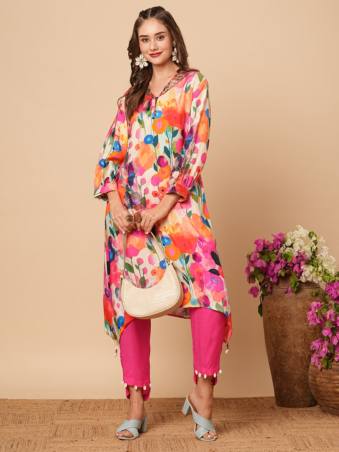 Floral Printed Tikki & Beads Embellished Kurta with Pants - Multi