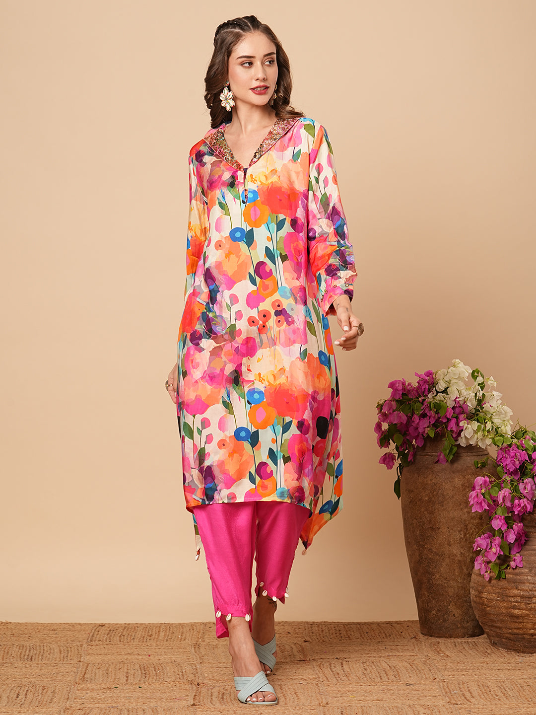 Floral Printed Tikki & Beads Embellished Kurta with Pants - Multi