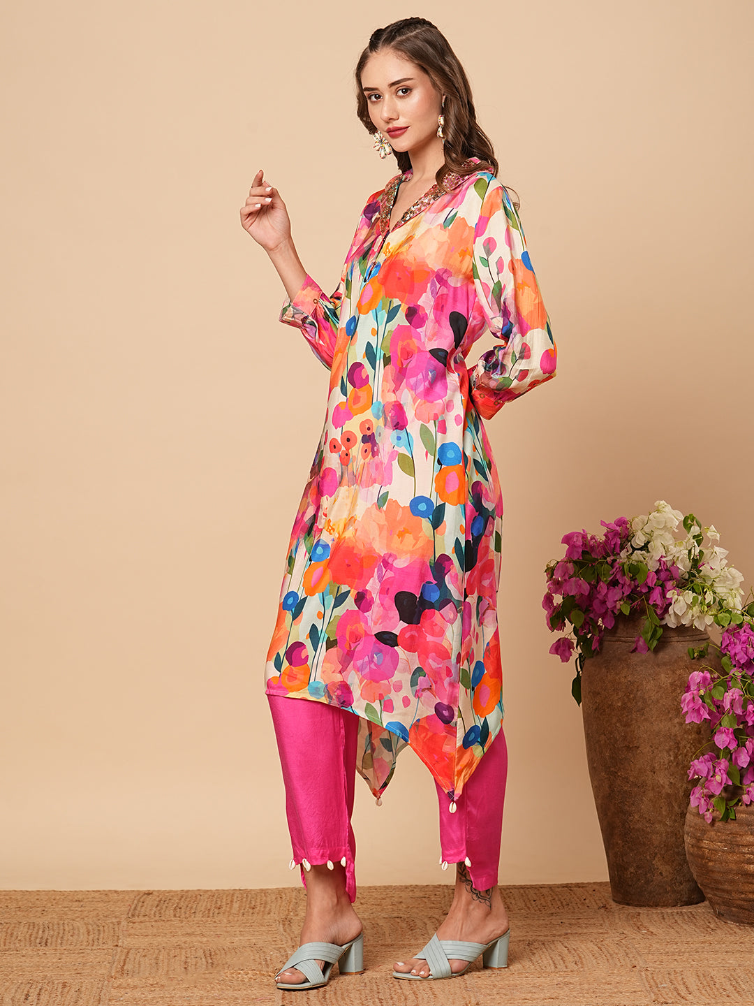 Floral Printed Tikki & Beads Embellished Kurta with Pants - Multi