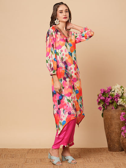 Floral Printed Tikki & Beads Embellished Kurta with Pants - Multi