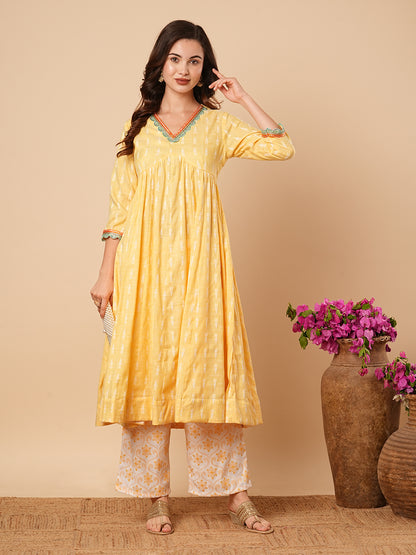 Ethnic Dobby Woven & Embroidered A-Line Pleated Kurta with Palazzo - Yellow