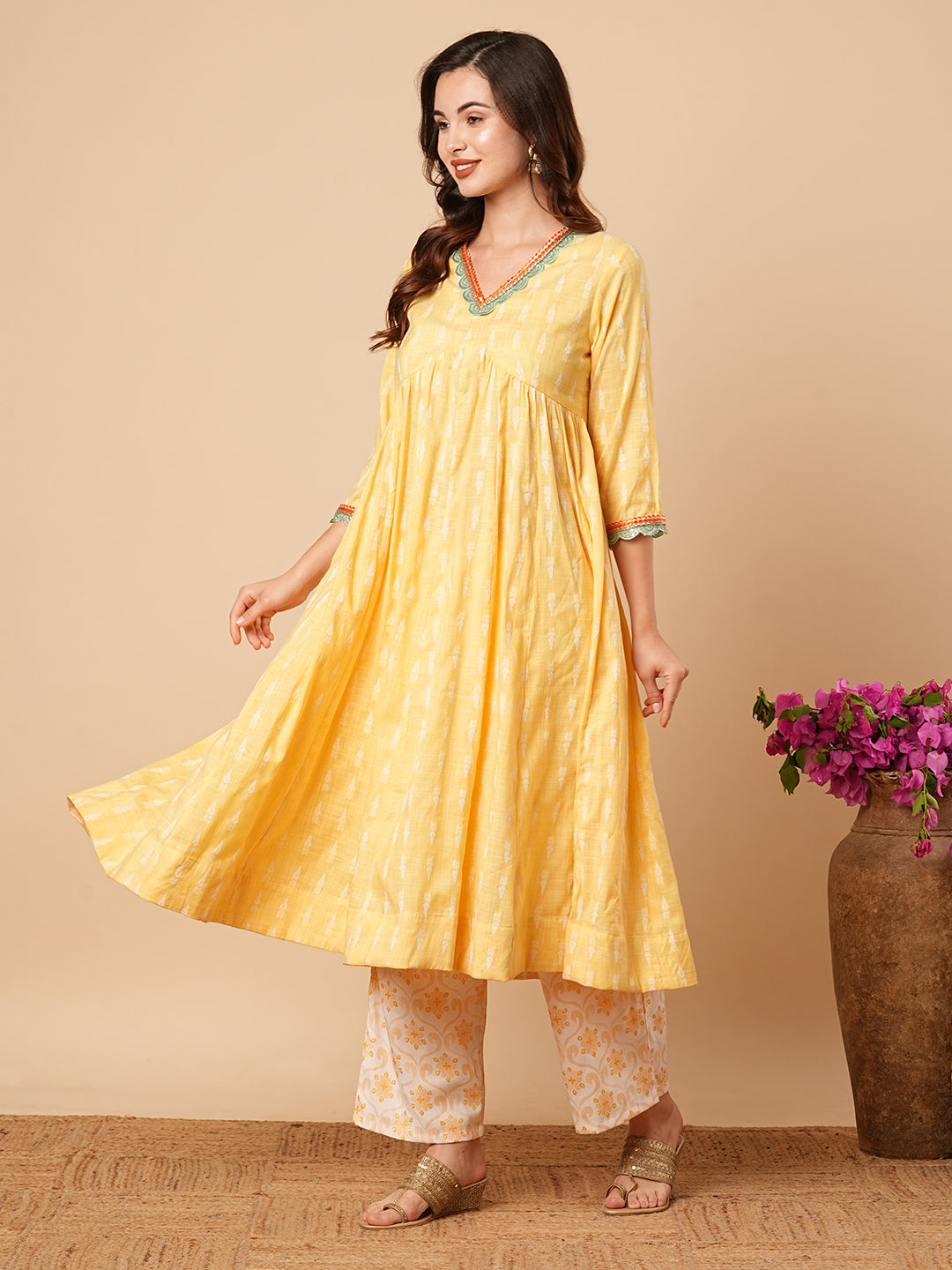 Ethnic Dobby Woven & Embroidered A-Line Pleated Kurta with Palazzo - Yellow