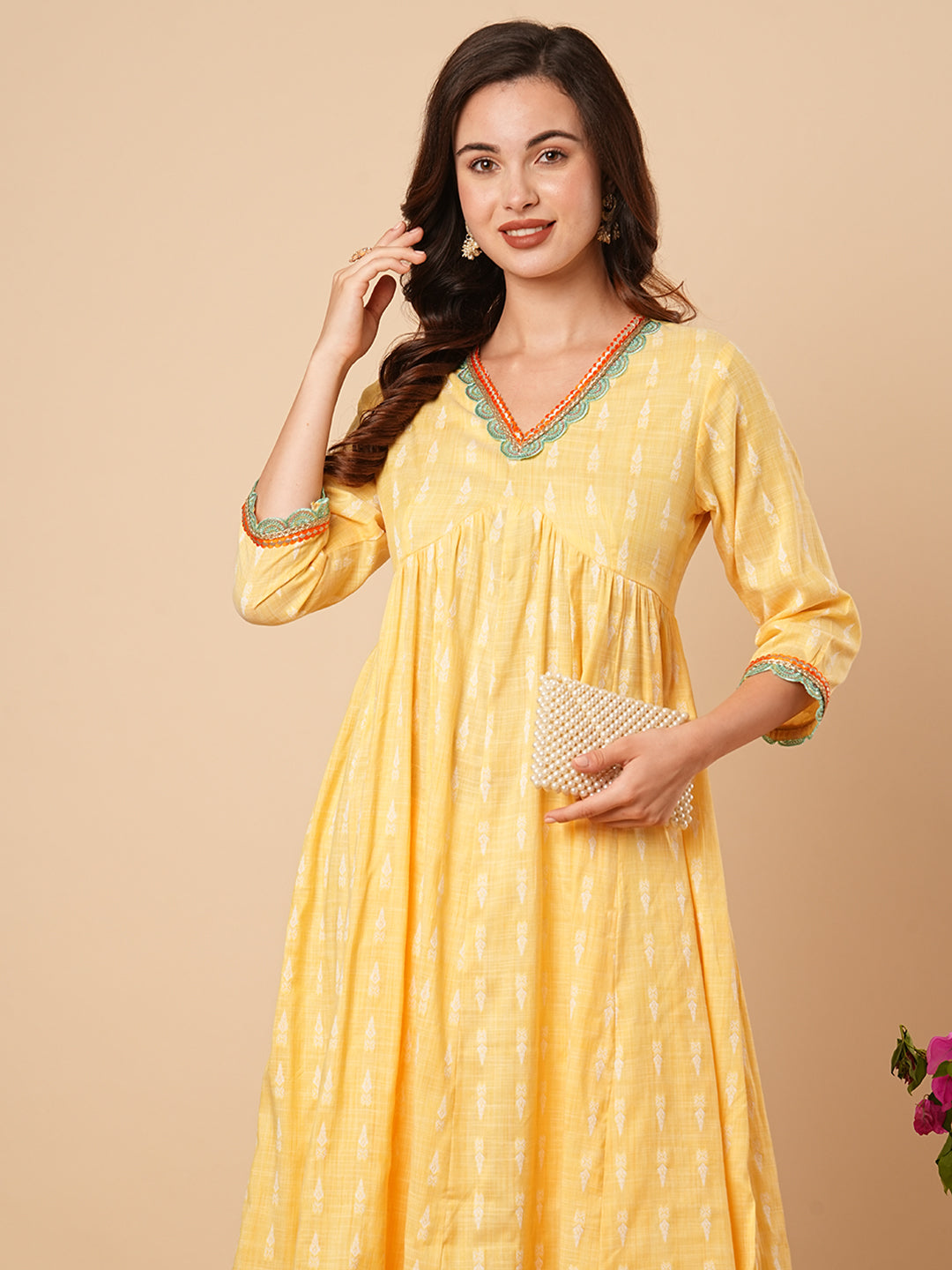 Ethnic Dobby Woven & Embroidered A-Line Pleated Kurta with Palazzo - Yellow