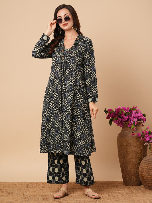 Ethnic Printed & Embroidered A-Line Pleated Kurta with Palazzo - Black