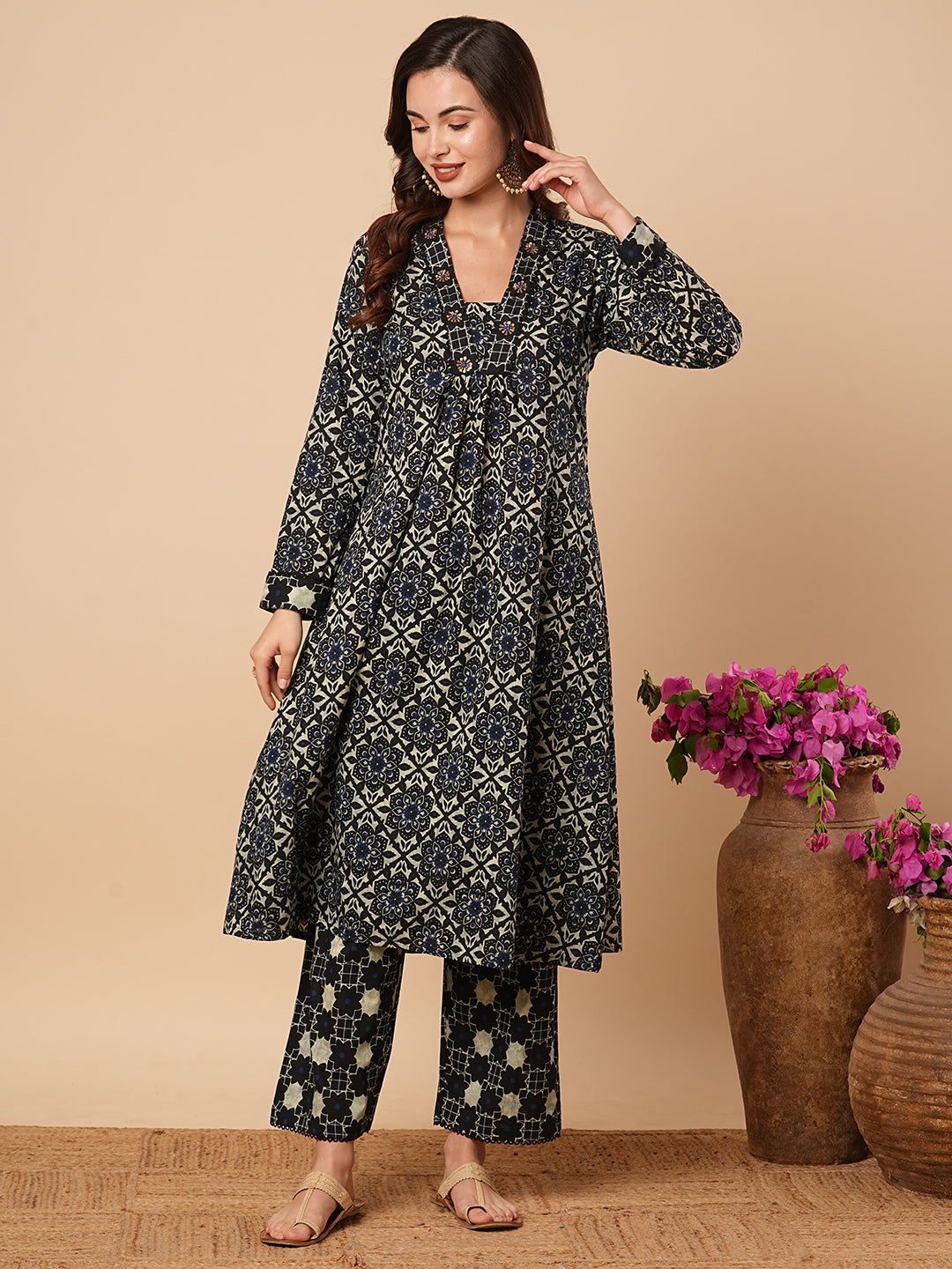 Ethnic Printed & Embroidered A-Line Pleated Kurta with Palazzo - Black