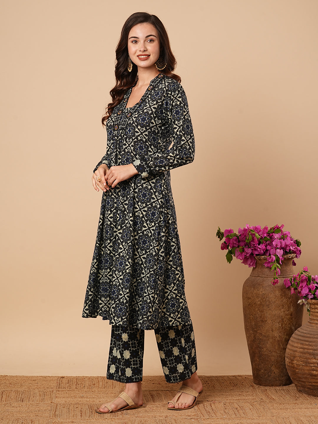 Ethnic Printed & Embroidered A-Line Pleated Kurta with Palazzo - Black