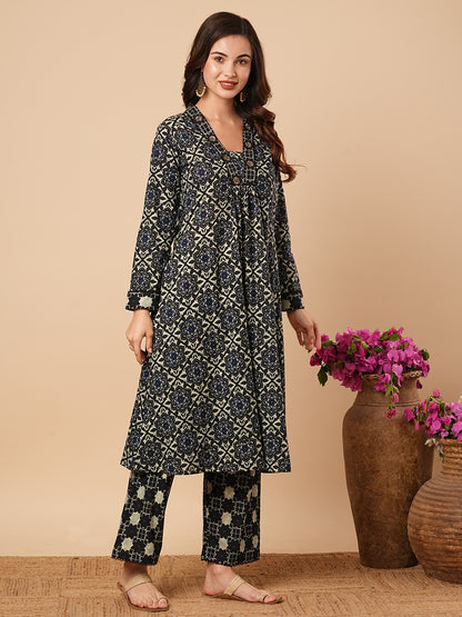 Ethnic Printed & Embroidered A-Line Pleated Kurta with Palazzo - Black