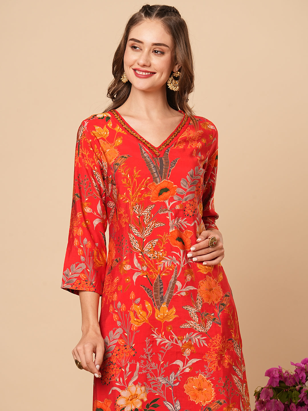Abstract Floral Foil Printed Straight Fit Kurta with Pant - Red