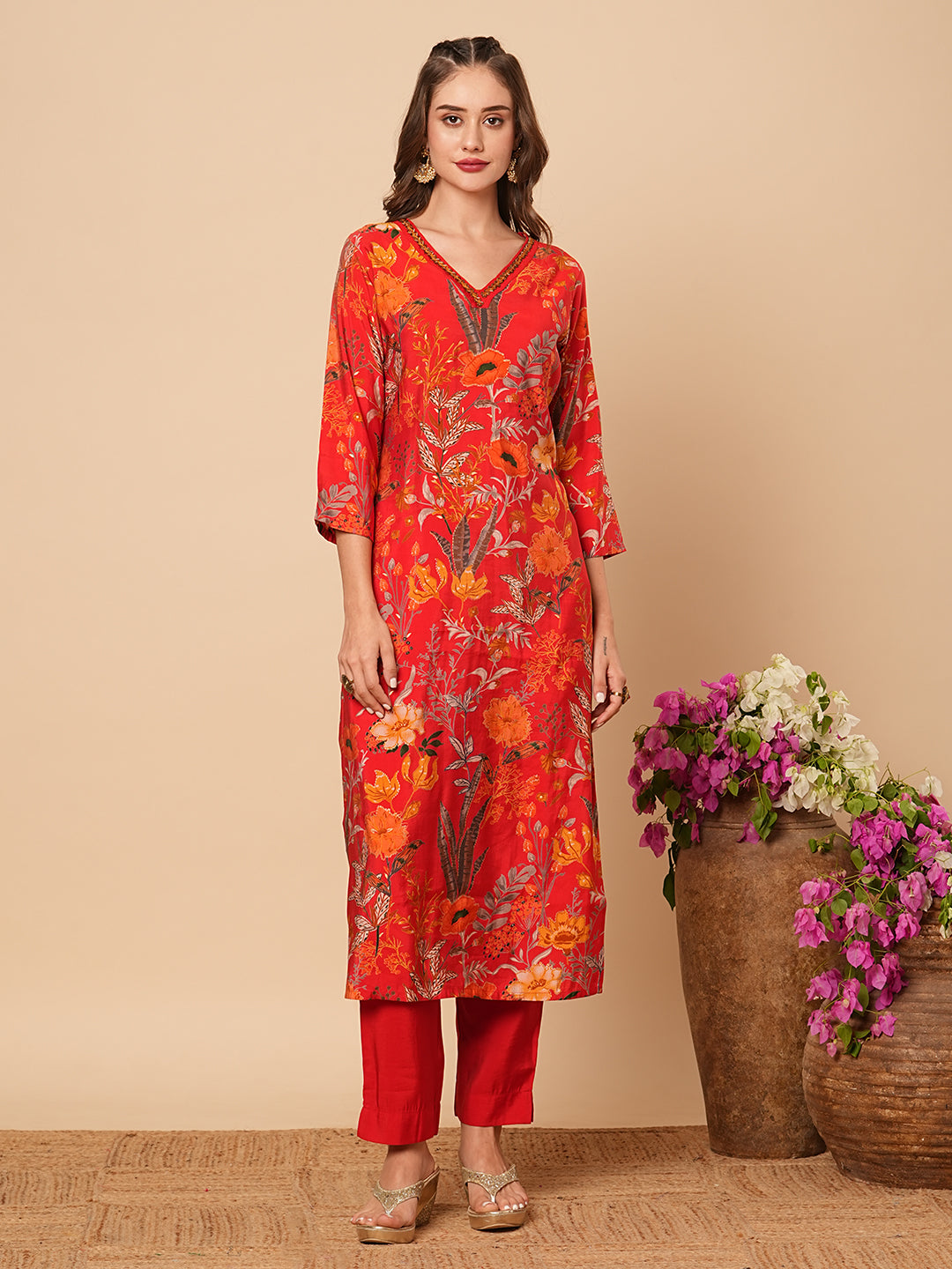 Abstract Floral Foil Printed Straight Fit Kurta with Pant - Red