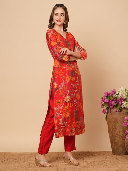 Abstract Floral Foil Printed Straight Fit Kurta with Pant - Red
