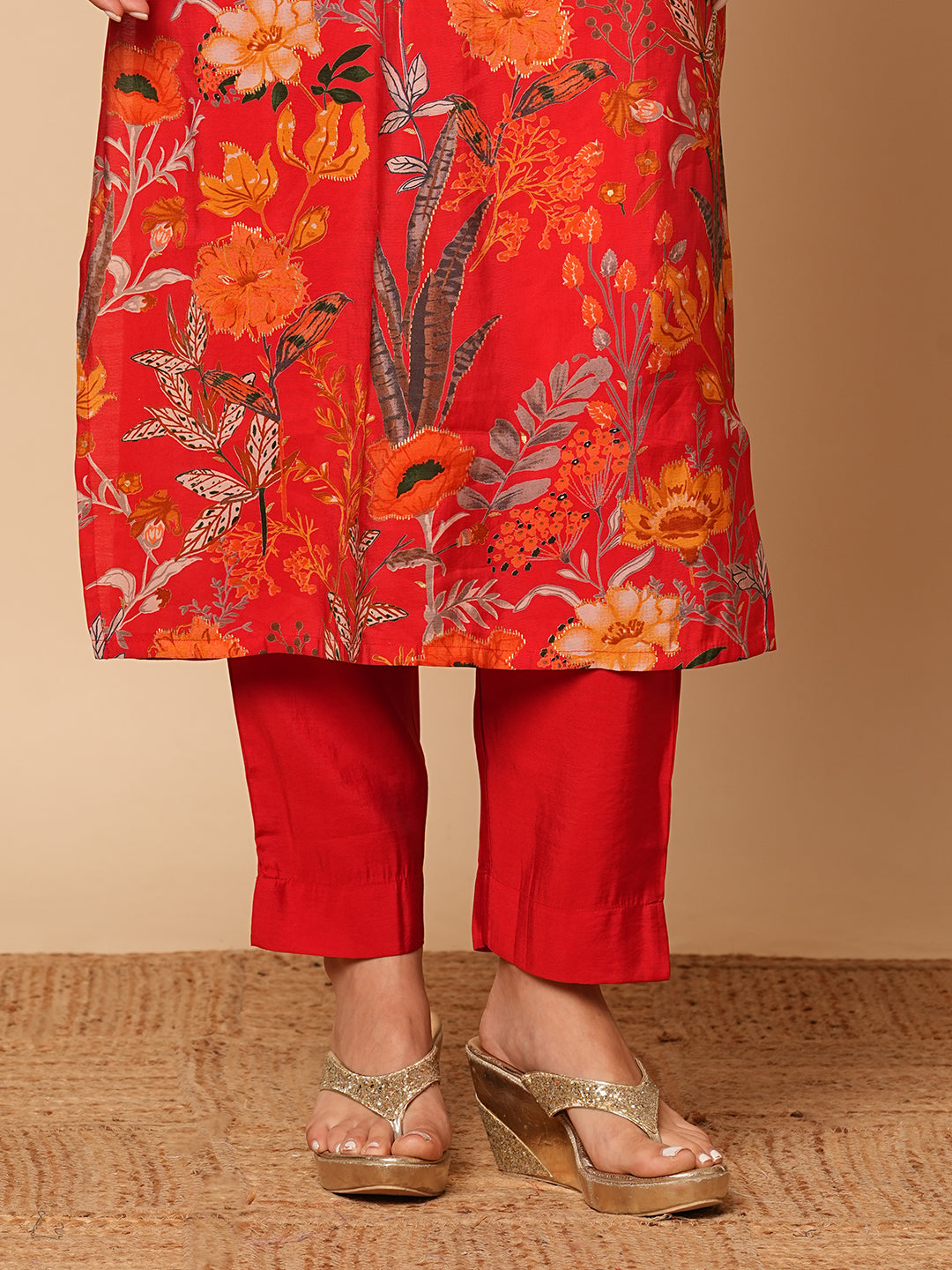 Abstract Floral Foil Printed Straight Fit Kurta with Pant - Red