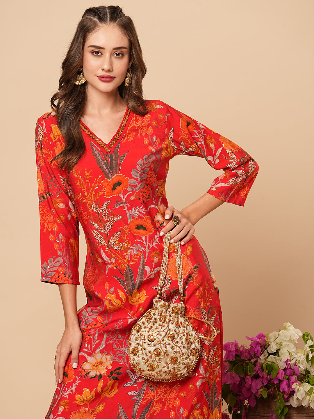 Abstract Floral Foil Printed Straight Fit Kurta with Pant - Red