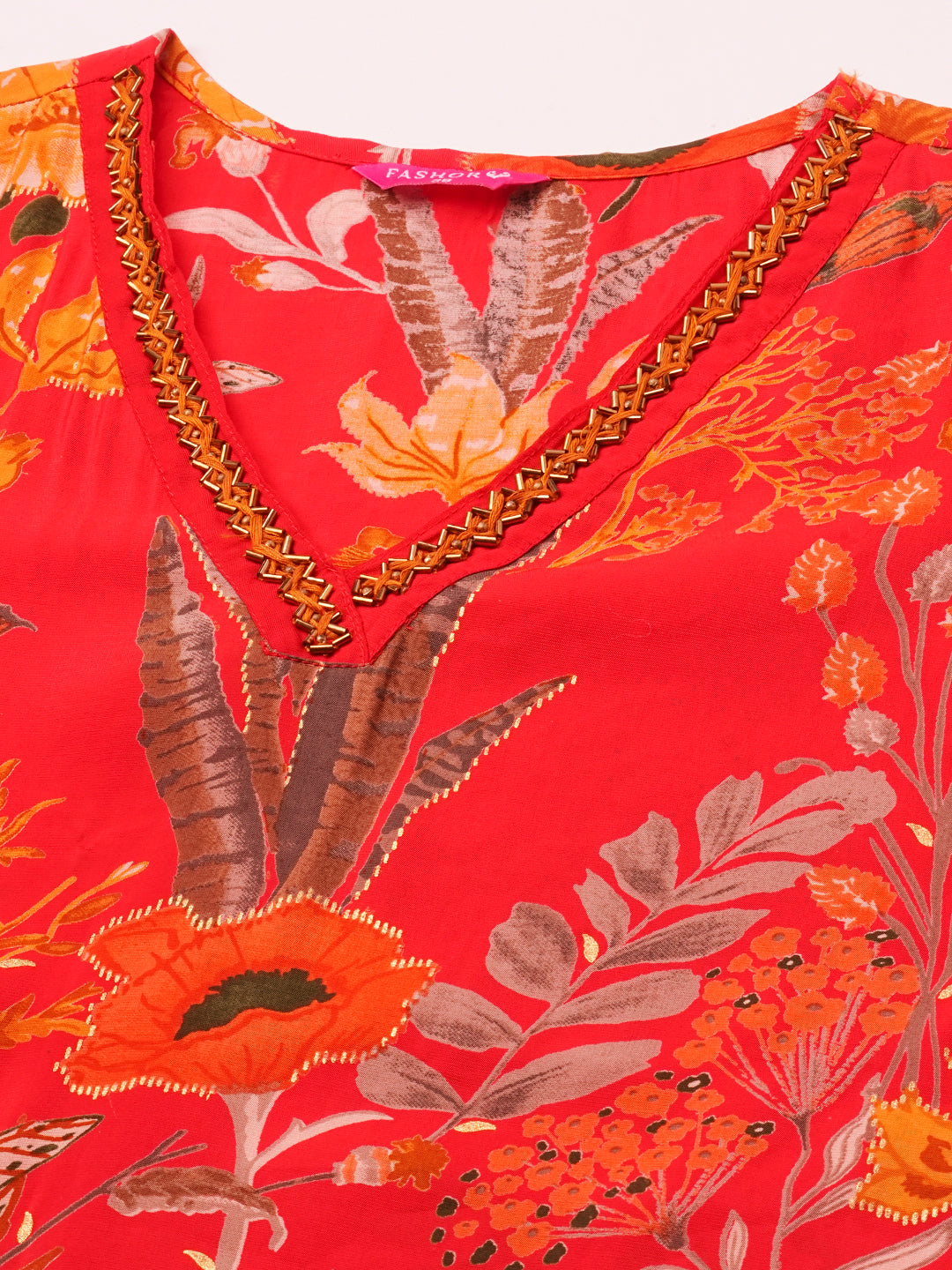 Abstract Floral Foil Printed Straight Fit Kurta with Pant - Red