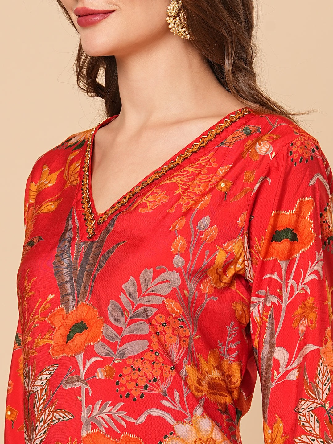 Abstract Floral Foil Printed Straight Fit Kurta with Pant - Red