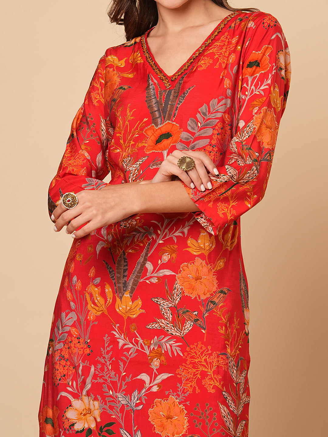 Abstract Floral Foil Printed Straight Fit Kurta with Pant - Red