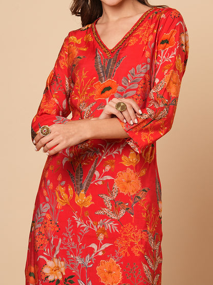 Abstract Floral Foil Printed Straight Fit Kurta with Pant - Red