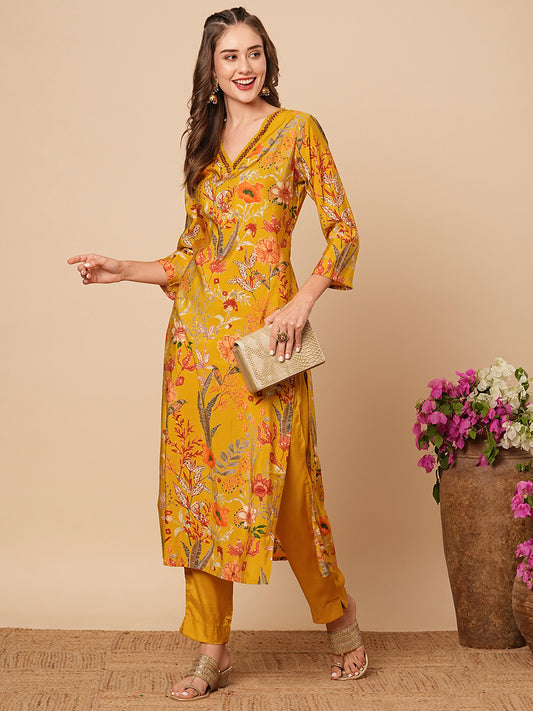 Abstract Floral Foil Printed & Embroidered Straight Fit Kurta with Pant - Mustard