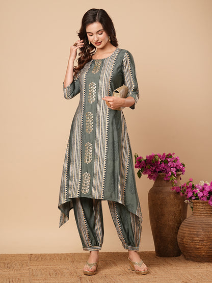 Floral & Stripes Printed zari Embroidered Asymmetric Kurta with Salwar Pants - Slate Green