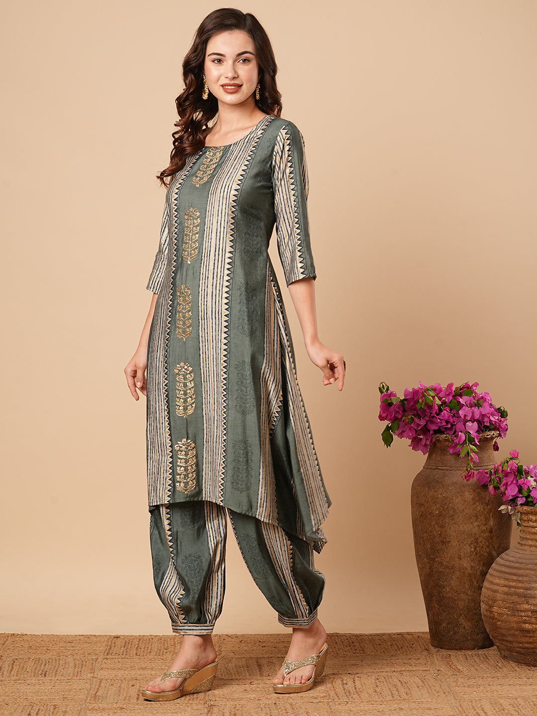 Floral & Stripes Printed zari Embroidered Asymmetric Kurta with Salwar Pants - Slate Green